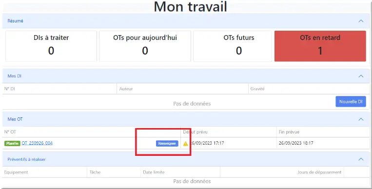 Renseigner un OT